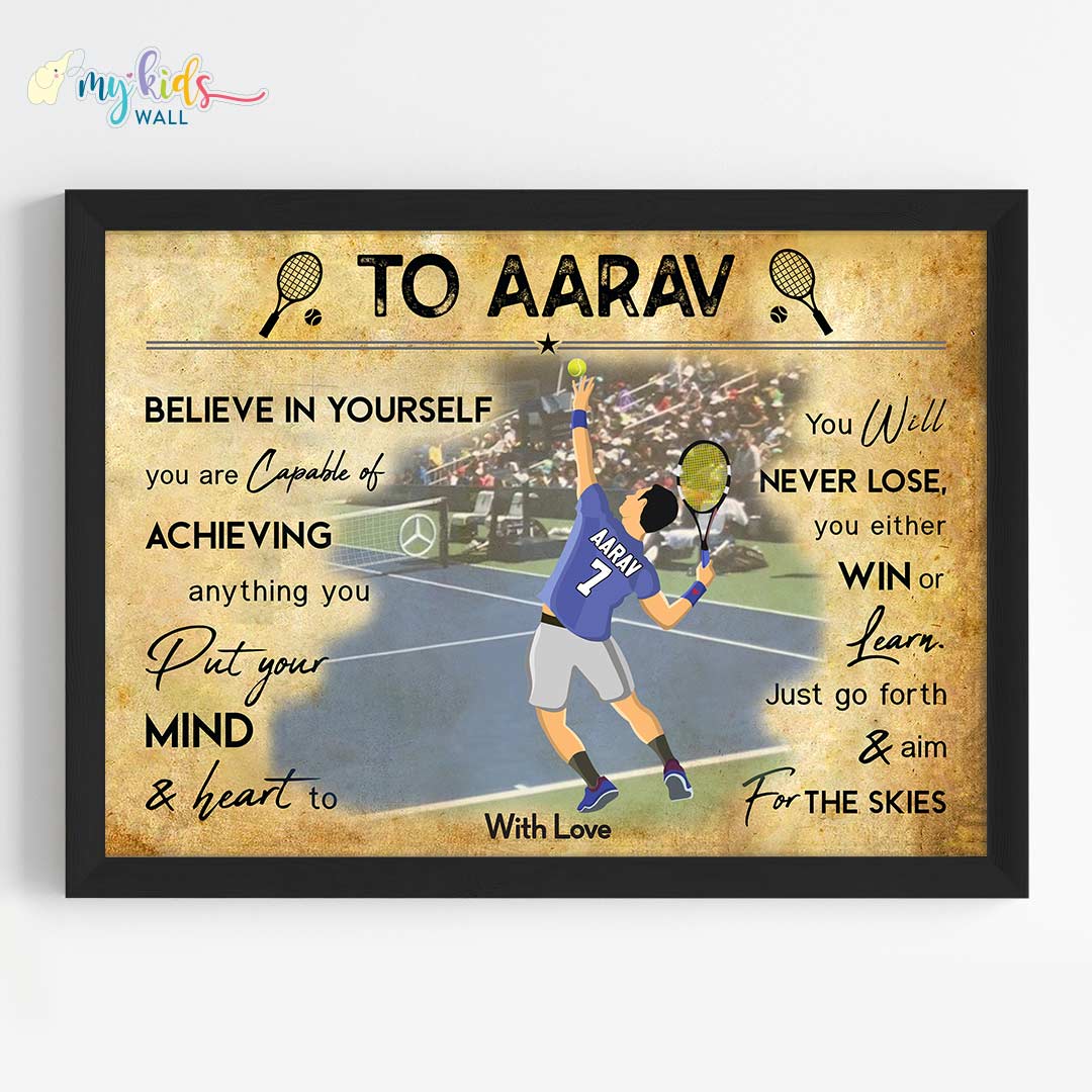 Lawn Tennis Player Boy Personalized Motivational Wall Art (Framed)