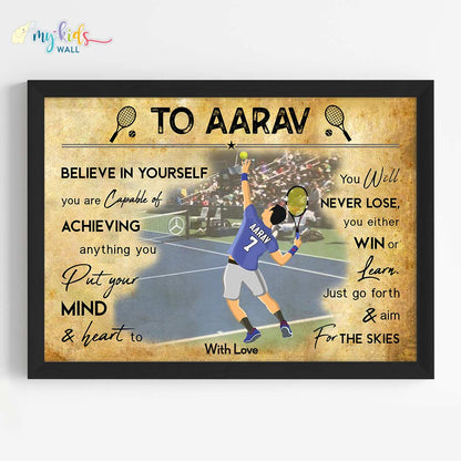 Lawn Tennis Player Boy Personalized Motivational Wall Art (Framed)