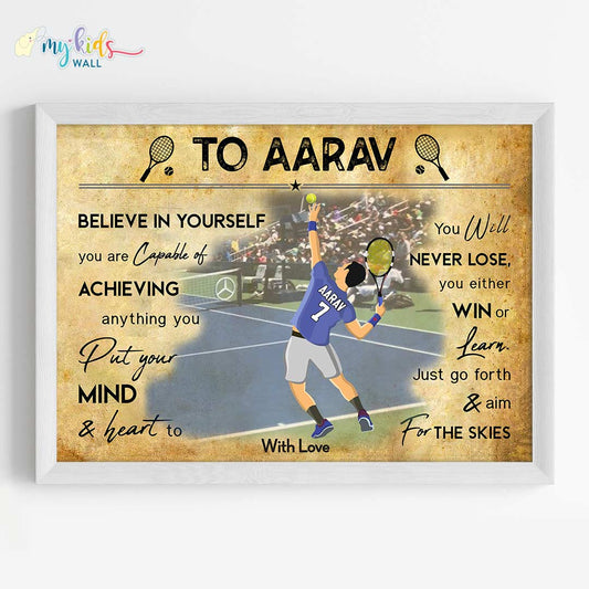 Lawn Tennis Player Boy Personalized Motivational Wall Art (Framed)