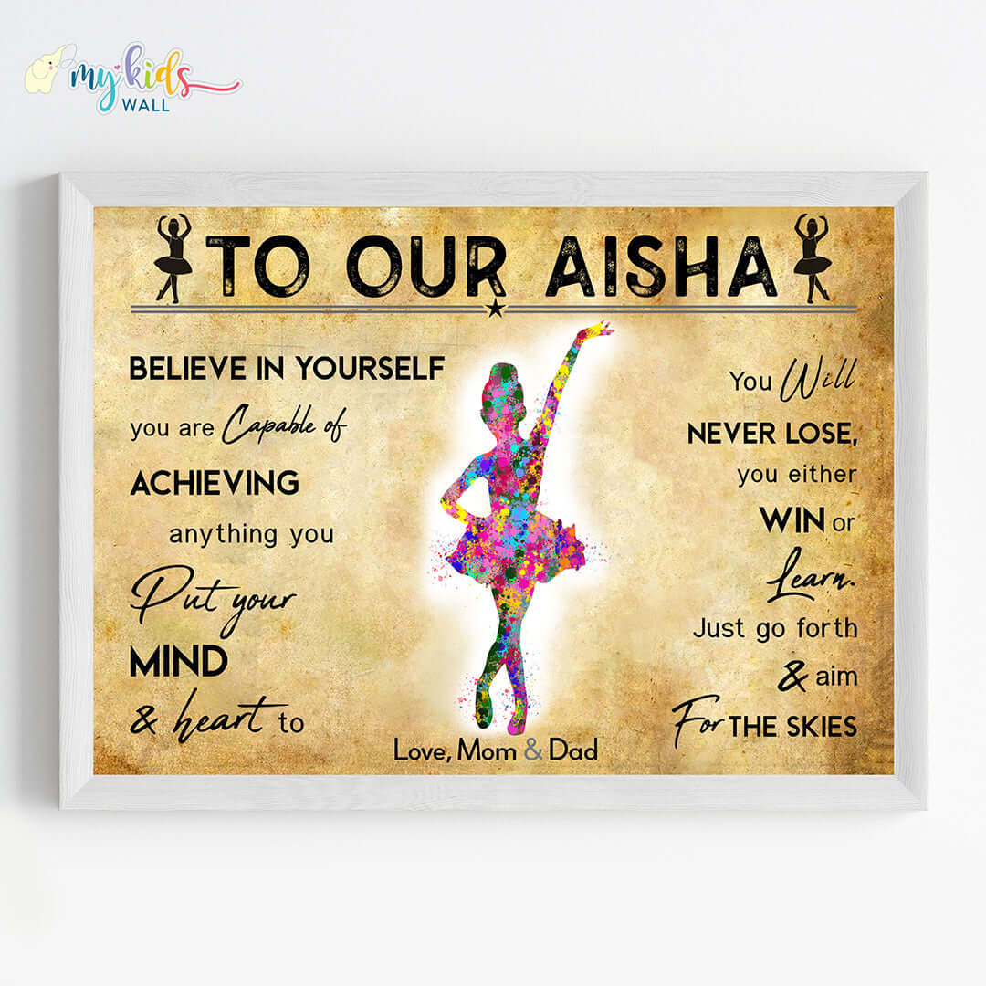 Little Ballerina Dancing Girl Personalized Motivational Wall Art (Framed)