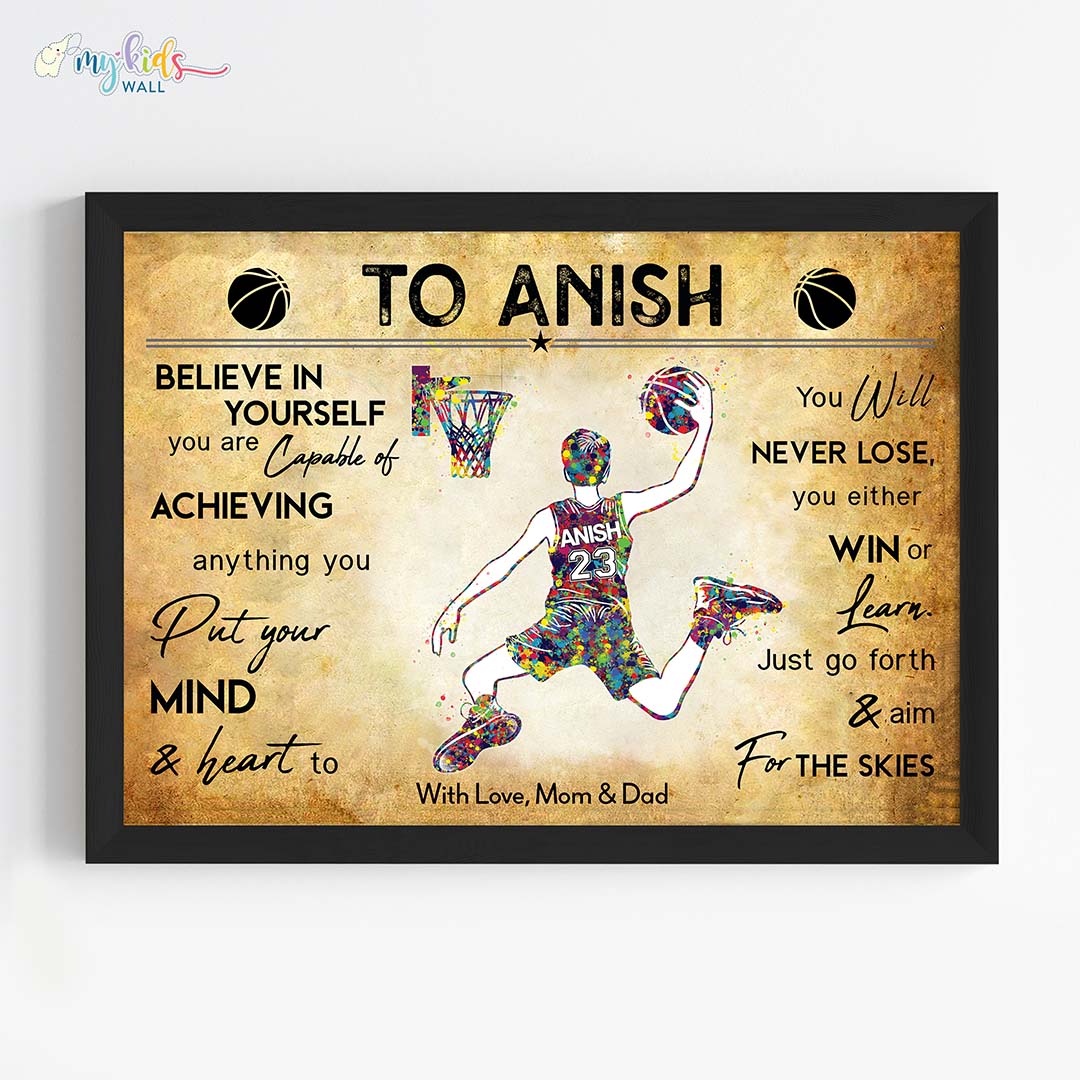 Multicolor Basketball Player Boy Personalized Motivational Wall Art (Framed)