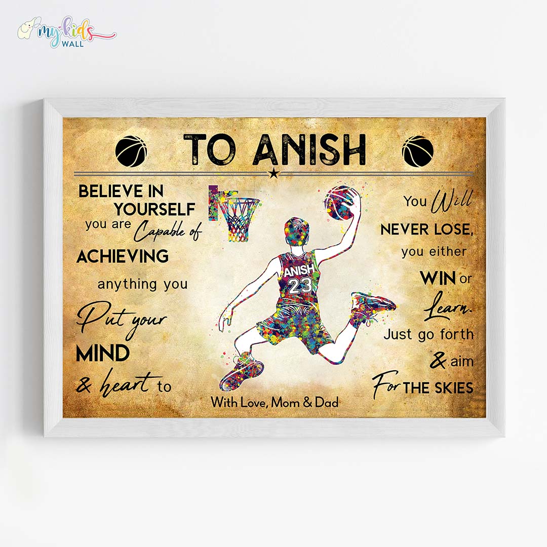 Multicolor Basketball Player Boy Personalized Motivational Wall Art (Framed)