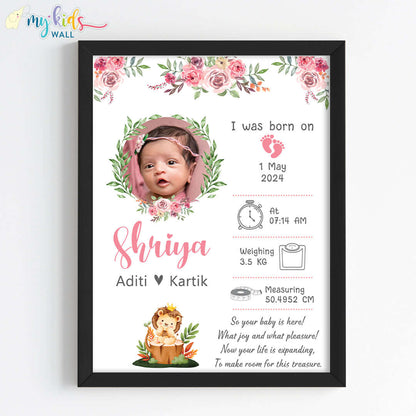 Newborn Girl Birth Statistics Personalised Wall Art (Framed) New