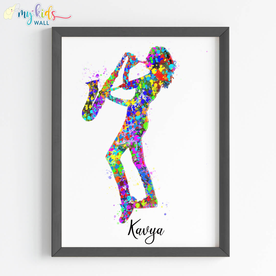 Saxophone Player Girl Personalised Wall Art (Framed)