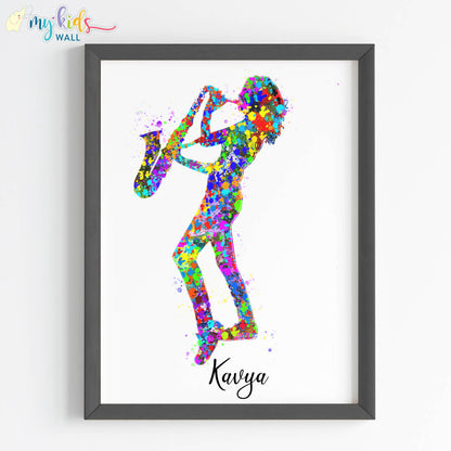 Saxophone Player Girl Personalised Wall Art (Framed)