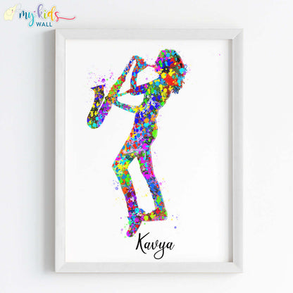 Saxophone Player Girl Personalised Wall Art (Framed)