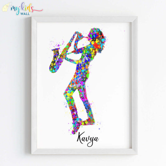 Saxophone Player Girl Personalised Wall Art (Framed)