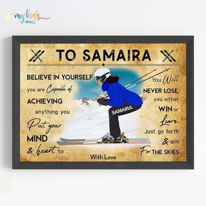 Skiing Player Girl Personalised Motivational Wall Art (Framed)