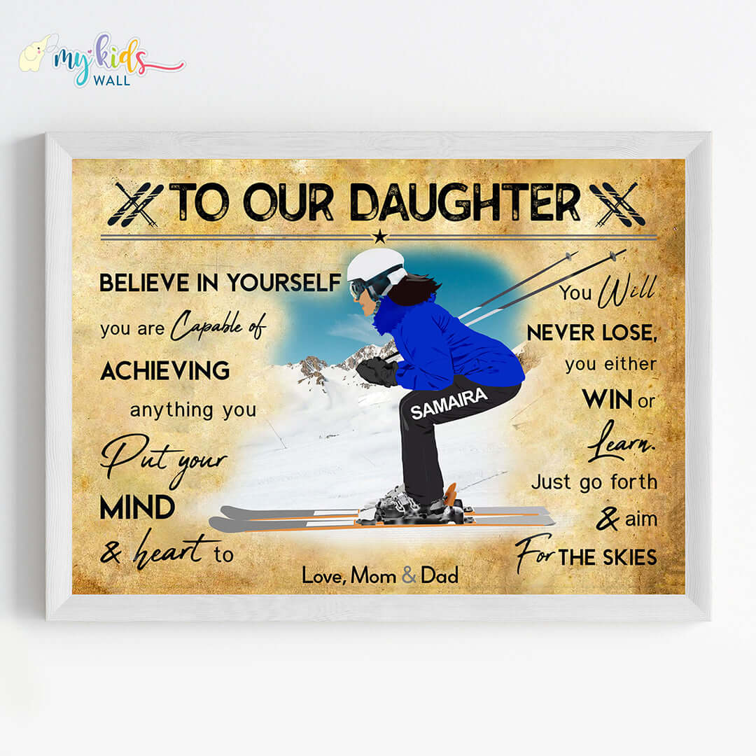Skiing Player Girl Personalised Motivational Wall Art (Framed)