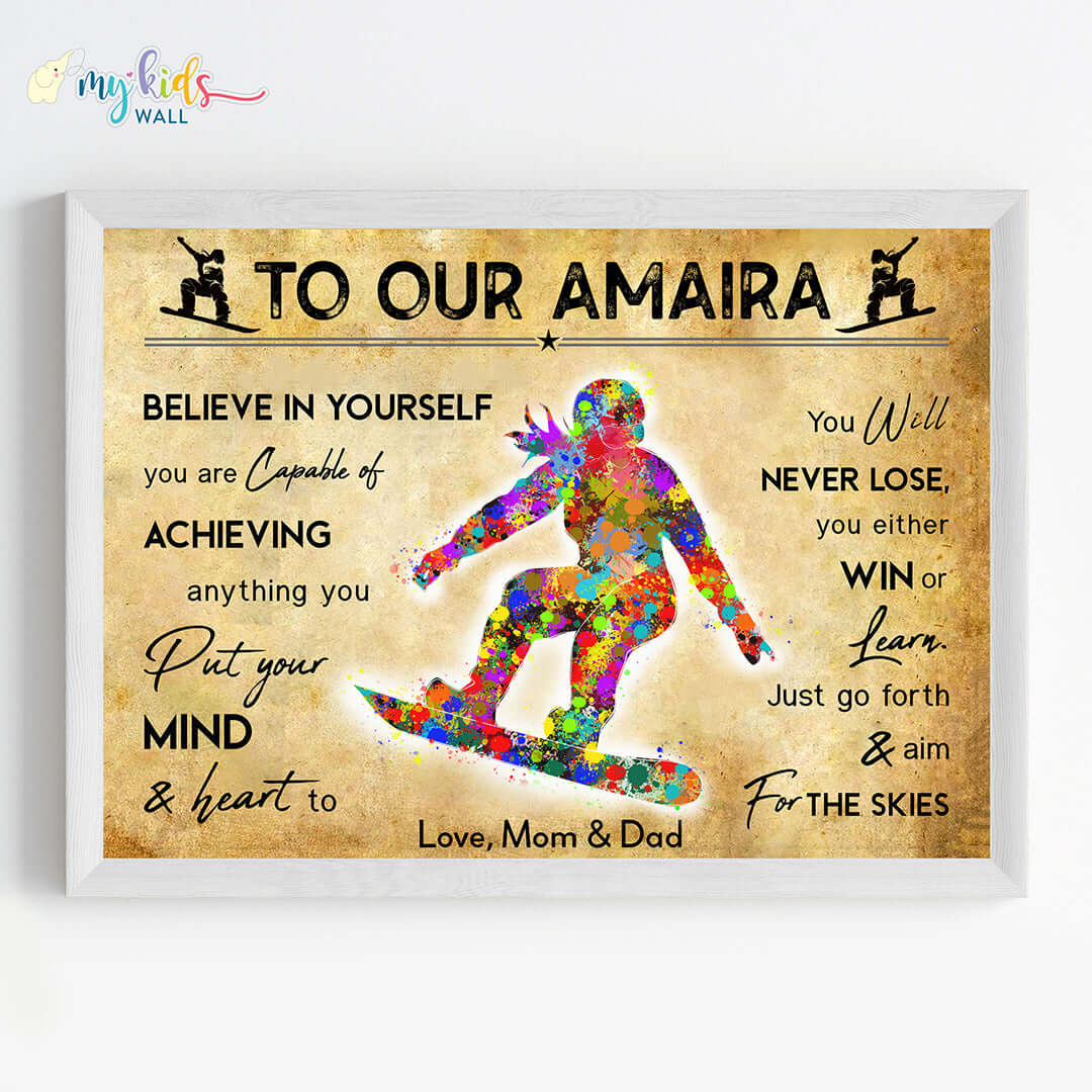 Snowboarding Girl Personalised Motivational Wall Art (Framed)