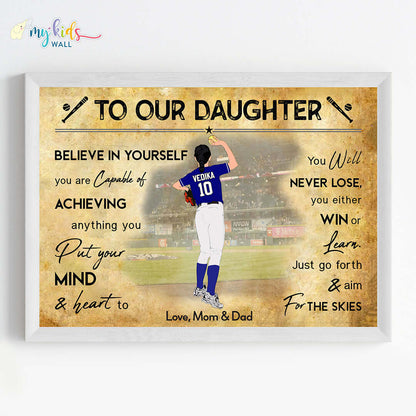 Softball Player Girl Personalized Motivational Wall Art (Framed)