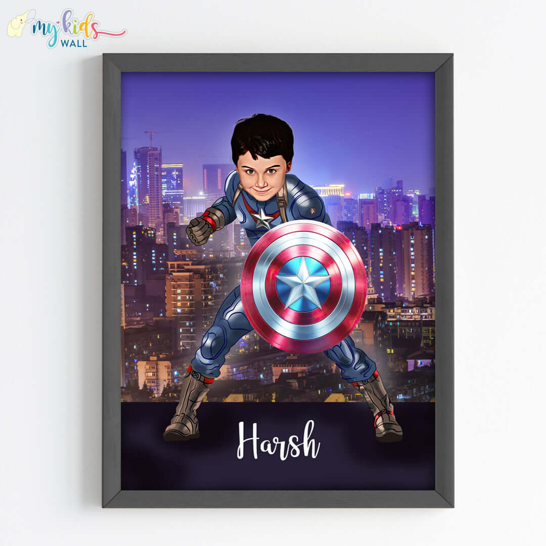 Young Superhero Captain America Personalized Portrait (Framed)