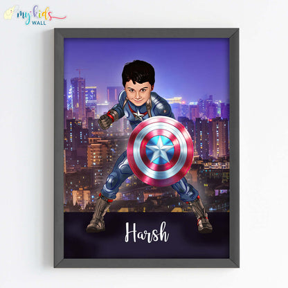 Young Superhero Captain America Personalized Portrait (Framed)