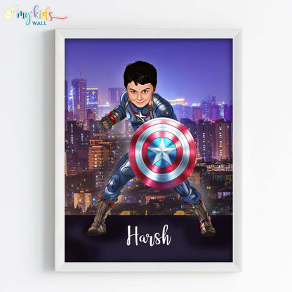 Young Superhero Captain America Personalized Portrait (Framed)