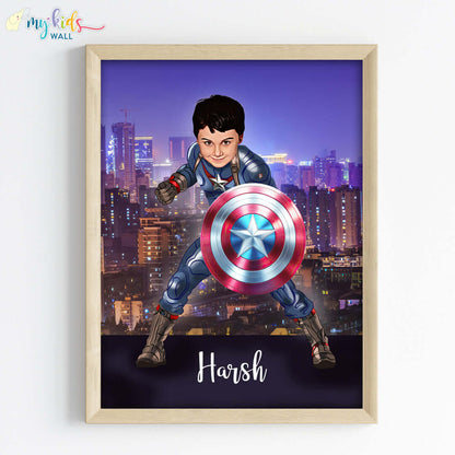 Young Superhero Captain America Personalized Portrait (Framed)