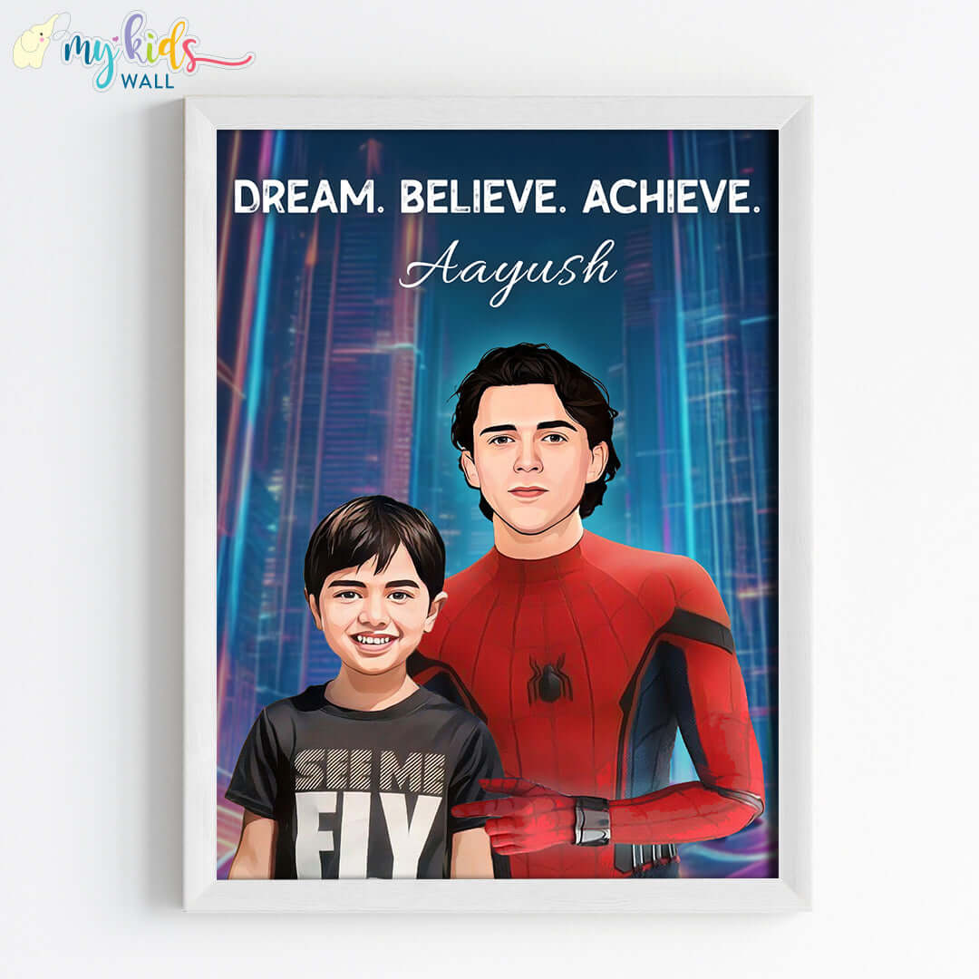 Young Superhero with Spiderman Personalized Portrait (Framed)