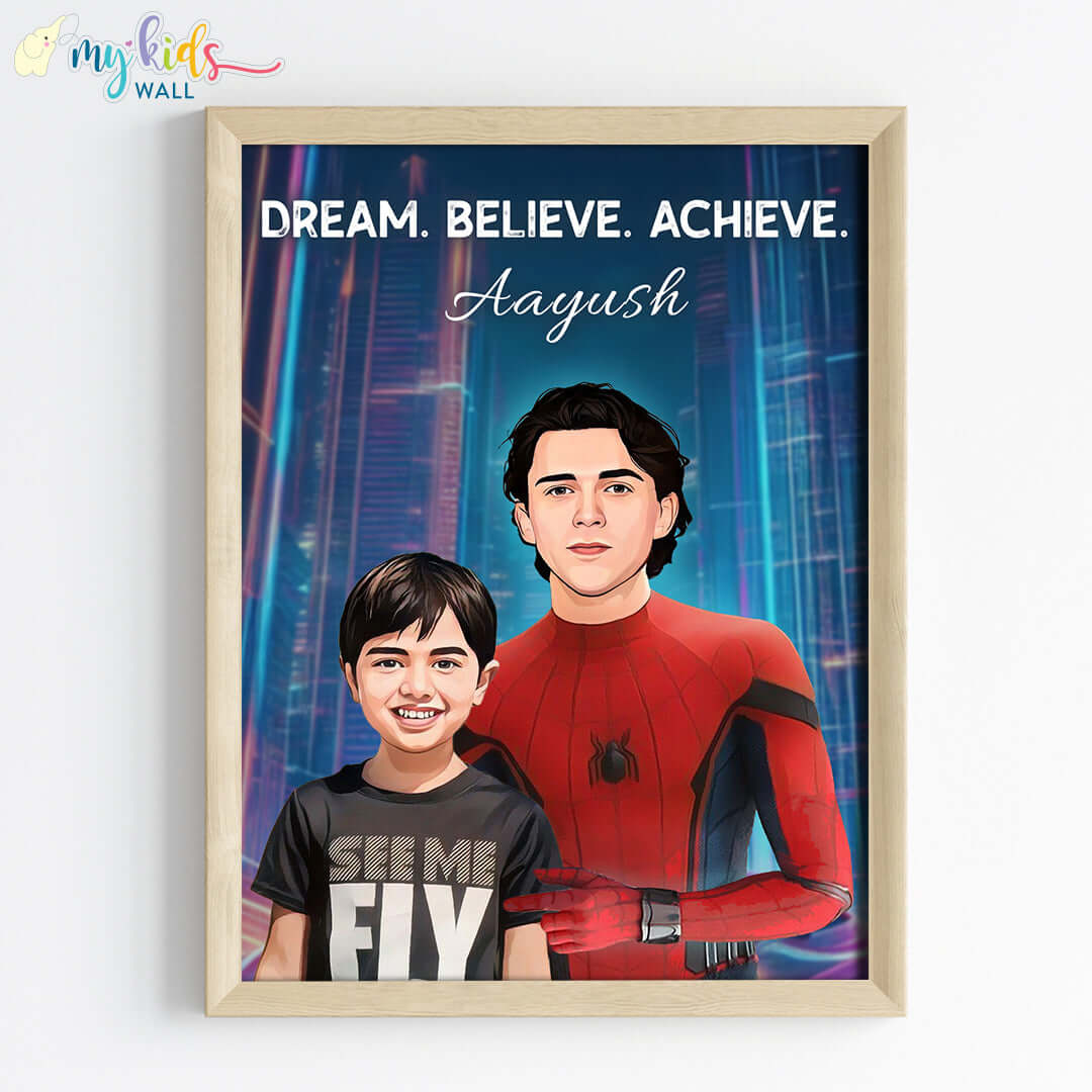Young Superhero with Spiderman Personalized Portrait (Framed)